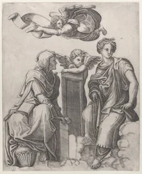 Duas figuras femininas sentadas nas nuvens ladeando um anjo e outra voando acima ..., ca. 1510-25.