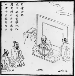 Reunião de Lao Tzu Confucius. Gravura chinesa. sd.