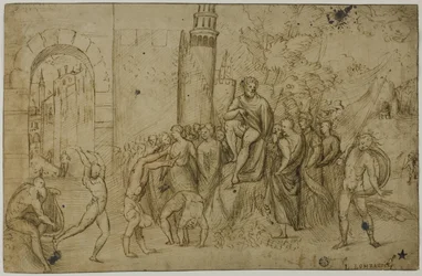 Acrobatas a atuar perante uma régua (anverso); Cena exterior com grupo de figuras (verso)