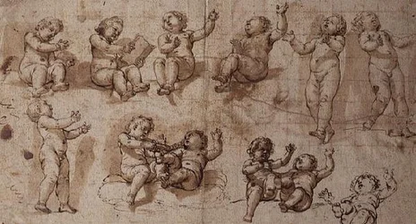 Estudos de Putti (caneta, tinta, lavagem e giz)