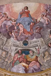 Génova, Duomo (Catedral de São Lourenço), no interior, a Capela Lercari ou a Capela do Santíssimo Sacramento (abside norte), abside: "Assunção da Virgem", afresco de Giovanni Battista Castello conhecido como Bergamasco
