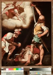 A Decolação de São João Batista Um homem aprecia pegar a cabeça do santo e colocá-la num planalto (decapitação de São João Batista) Pintura de Il Cerano (Giovan Battista Crespi) (1567/8-1632), Genes, Musei di Strada Nuova (inv n PB 2812)