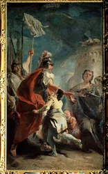 Coriolano (Caius Marcius Coriolanus) antes dos portões de Roma (Coriolanus antes dos portões de Roma). Pintura de Giambattista Tiepolo (1696-1770). Óleo sobre tela, 387 x 224 cm, por volta de 1730. Escola veneziana, arte barroca italiana. Museu Hermitage, 