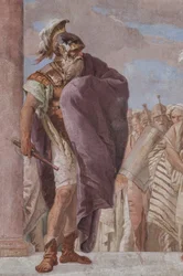 Palazzina (Prédio Pequeno): vista da primeira sala e seus afrescos representando episódios da Ilíada: "Atena impede Aquiles de sacar sua espada contra Agamenon", detalhe do rei Agamenon