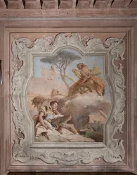 Palazzina (Prédio Pequeno): vista do quarto quarto ou de Torquato Tasso, com afrescos representando episódios de "Jerusalém Entregue": "A bruxa Armida vê Rinaldo, que está dormindo, e se apaixona por ele"
