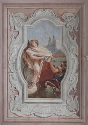 Palazzina (Prédio Pequeno): vista do quarto quarto ou de Torquato Tasso, com afrescos representando episódios de "Jerusalém Entregue": "Os companheiros seguram o espelho na frente de Rinaldo"