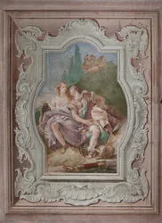 Palazzina (Pequeno Edifício): vista da quarta sala ou de Torquato Tasso, com freescoes representando episódios de "Jerusalém Entregue": "Rinaldo e Armida no jardim encantado, secretamente observado por Ubaldo e Carlo".