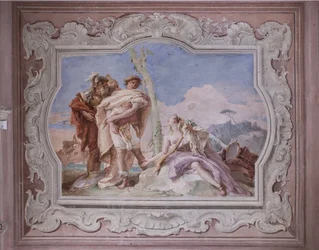 Palazzina (Pequeno Edifício): vista da quarta sala ou de Torquato Tasso, com freescoes representando episódios de "Jerusalém Entregue": "Rinaldo, escoltado por Ubaldo e Carlo, abandona Armida".