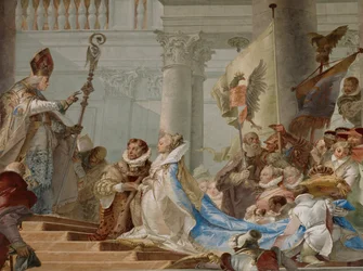 Cerimónia de casamento do imperador Friedrich Barbarossa e de Beatriz da Borgonha em 1156 ... (fresco)