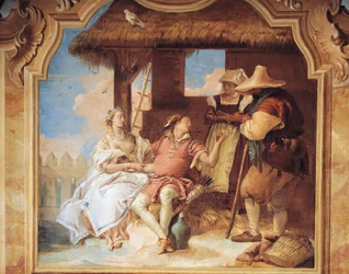 Angelica e Medoro despedindo-se dos camponeses por Giambattista Tiepolo da Sala Nani do Frenzy de Orlando em Villa Valmarana, fresco