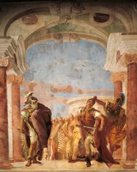 Minerva impede Aquiles de matar Agamémnon, por Giambattista Tiepolo (1696-1770), fresco, Sala da Ilíada, Villa Valmarana «Ai Nani», Vicenza, Itália