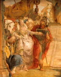 O encontro de Anthony e Cleópatra, por Giambattista Tiepolo (1696-1770), fresco, detalhe, Palazzo Labia, Veneza, Itália