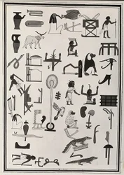 Desenhos das decorações do interior do túmulo do Faraó Psammético I, reproduzido em 1817 por Giovanni Battista Belzoni, alojado no Museu Britânico, Londres