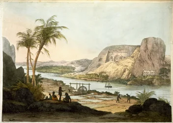 Vista exterior dos dois templos em Abu Simbul, a partir de placas ilustrativas das Pesquisas no Egito e na Núbia, publicadas em 1822