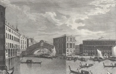 A Ponte Rialto, Veneza, com barcos e gôndolas na água, 1763.