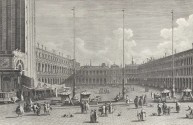 Vista da Piazza San Marco, com a igreja de San Geminiano ao fundo, e figuras e..., 1763.