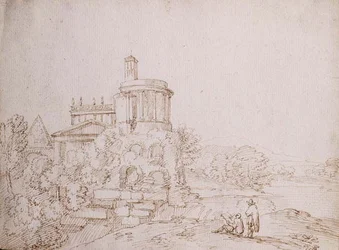 Fantasia, Vista com a Pirâmide de Caius Cestus e o Templo das Sibilas (tinta marrom sobre giz preto sobre papel)