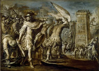 Primeira cruzada: “” O condottiero Guglielmo Embriaco de Gênova durante a captura de Jerusalém ”” É a origem de uma torre de assalto feita com madeiras de navios de Gênova. Pintura monocromática de Giovanni Battista Carlone