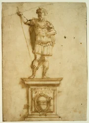 Estátua de guerreiro em pé em um pedestal