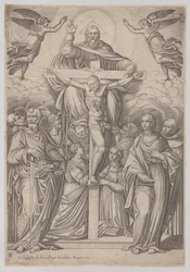 A Trindade, com a crucificação no centro e santos em ambos os lados, 1586.
