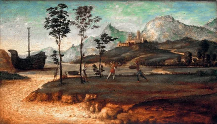 "Paysage cotier avec deux hommes faisant un duel" (Paisagem Costeira com dois homens lutando) Peinture de Giovanni Battista Cima da Conegliano (vers 1459-1517), c 1510 - Óleo sobre madeira, 32x53 - Staatliche Museen, Berlim