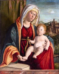 Virgem e Criança por Cima da Conegliano, Giovanni Battista (ca. 1459-1517). Óleo sobre madeira, tamanho: 84x71,7, Fondazione Cini, Veneza, 15º cen.