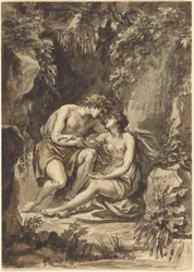 Angelica e Medoro (caneta e tinta preta com lavagem castanha e cinzenta sobre grafite sobre papel vegetal; verso, desenho de quatro círculos concêntricos à volta de uma coroa de louros desenhada no verso a caneta e tinta preta e grafite)