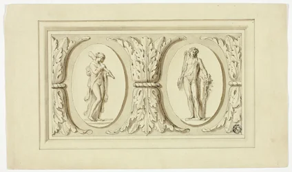 Dois medalhões com as figuras de Omphale e Baco em pé, separados por um desenho de folhas de acanto