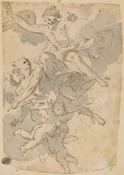 Anjos e Putti (caneta e tinta castanha com lavagem cinzenta sobre carvão; pousado)