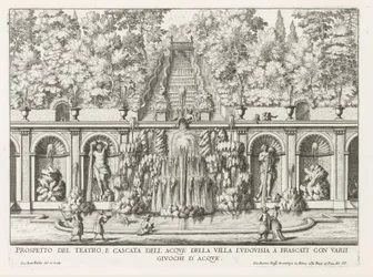 Cascade en Teatro delle Acque in de tuinen van de Villa Torlonia te Frascati
Prospetto del teatro e cascata dell