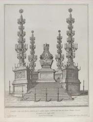Catafalco para o Papa Clemente X: estrutura central erguida sobre plataforma de 15 degraus, com c..., 1676.