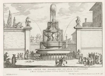 Fontein in de binnenplaats van Palazzo Taverna te Rome Fonte no pátio do Sr. duque de Bracciano (título no objeto) Fontes de Roma (título da série) Fonteinen van Rome (título da série)