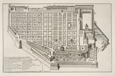 Jardim Papal e Palácio do Quirinale, do Novo Teatro dos Tecidos e Edifícios em Prospettiva di Roma Moderna, publicado c.1665-69 (ver também 172928)