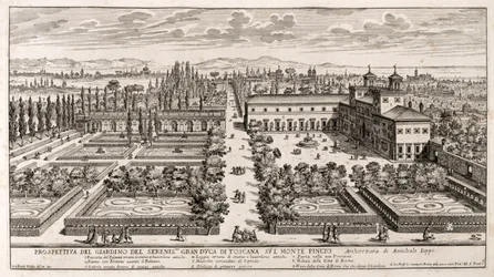 Perspectiva dos jardins da Villa Medici em Roma, gravura de Li Giardni (Os Jardins) de Giovanni Battista Falda (1640 ou 1643-1678)