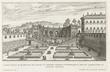 Tuinen van de Villa Mondragone te Frascati Outra perspectiva do teatro e jardim adjacente (...) (título no objeto) Fontes das vilas de Frascati (título da série) Fonteinen van Frascati (título da série)