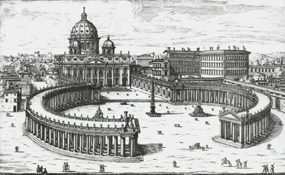 Cidade do Vaticano, Vista da Piazza San Pietro com a Basílica de São Pedro e os Palácios do Vaticano, gravada por Giovanni Battista Falda. 1665