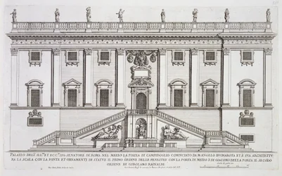 Vista da fachada do Palazzo Senatorio na Piazza del Campidoglio, Roma, iniciada por Michelangelo Buonarroti (1475-1564) e completada por Girolamo Rainaldi (1570-1655)