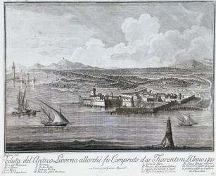Vista do porto de Livorno quando foi comprado por Florentines em 1421, gravura da Coleção de melhores vistas da Cidade e do Porto de Livorno