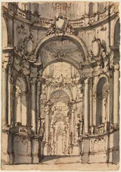 Design para um cenário: interior de um palácio com arcadas, meados da década de 1700.