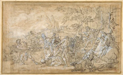 Cativos, incluindo um bispo, arrastados e encadernados antes do carro triunfal de um general romano (caneta e tinta castanha, caneta com a cor do corpo branca, sobre preliminares em giz preto sobre papel creme)