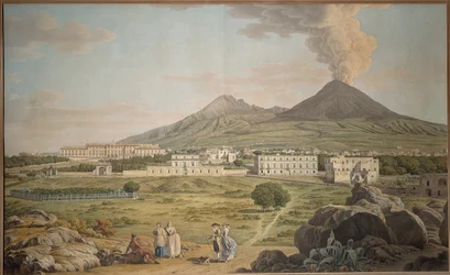 As encostas do Vesúvio a partir de Portici com vista para o Palácio dos Bourbon, de Giovan Battista Lusieri, guache.