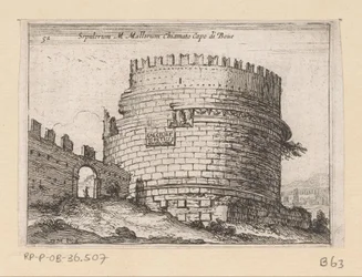 Tombe van Caecilia Metella em Roma Sepulcrum M. Mallorum chamado Cabo de Boue (título no objeto) Gezichten op Rome (título da série) Algumas vistas e perspectivas de lugares desabitados em Roma (título da série)