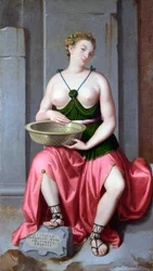 "Retrato da Tuccia Vestal Romana (Tuzia) Pintura de Giovan Battista Moroni (1520/25-1578) cerca de 1555 National Gallery, Londres