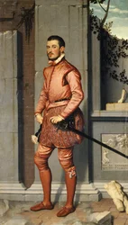 Retrato de Gian Gerolamo Grumelli, cavaleiro de rosa, por Giovanni Battista Moroni (c. 1525-1578), 216 x 123 cm