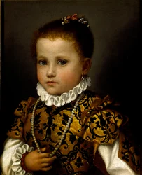 Retrato de uma menina pequena Uma menina ricamente vestida com um vestido de brocado, ela usa um colar de pérolas e uma gola de morango. Pintura de Giovan Battista Moroni (cerca de 1529-1578)