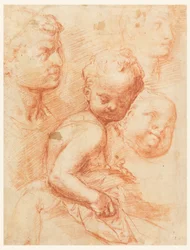 Desenho, Estudo de cabeças de homem, mulher e criança, criança sentada, ca. 1570