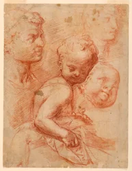 Desenho, Estudo de cabeças de homem, mulher e criança, criança sentada, ca. 1570