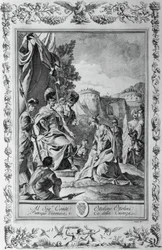 Armida em frente a Goffredo, gravura, de Giovanni Battista Piazzetta (1683-1754) para Canto III de Jerusalém Entregue, de Torquato Tasso (1544-1595), publicado por Giovanni Battista Albrizzi, Veneza, Itália
