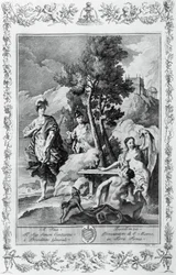 Carlo e Ubaldo nas Ilhas Feliz, gravura, de Giovanni Battista Piazzetta (1683-1754) para Canto XV de Jerusalém Entregue, de Torquato Tasso (1544-1595), Giovanni Battista Albrizzi edição, Veneza, Itália