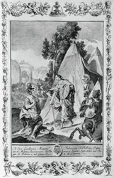 Cruzados no Cerco de Jerusalém, gravura, de Giovanni Battista Piazzetta (1683-1754) para Canto III de Jerusalém Entregue, de Torquato Tasso (1544-1595), publicado por Giovanni Battista Albrizzi, Veneza, Itália
